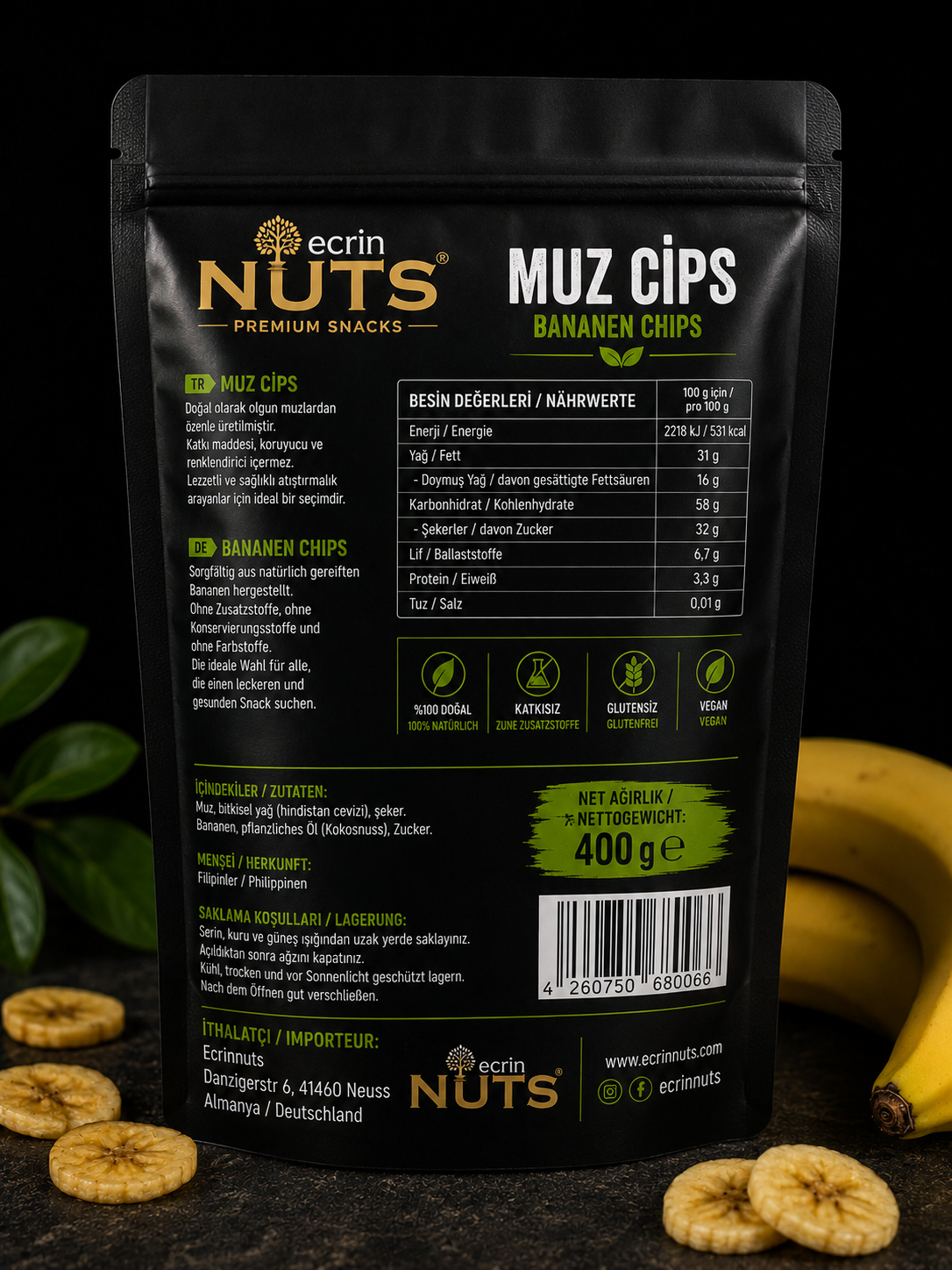 Getrocknete Bananenchips 400 g