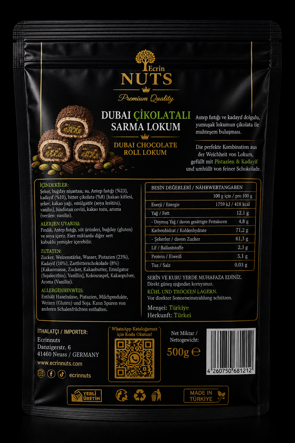 Dubai Schokolade Rollen Lokum 500 g