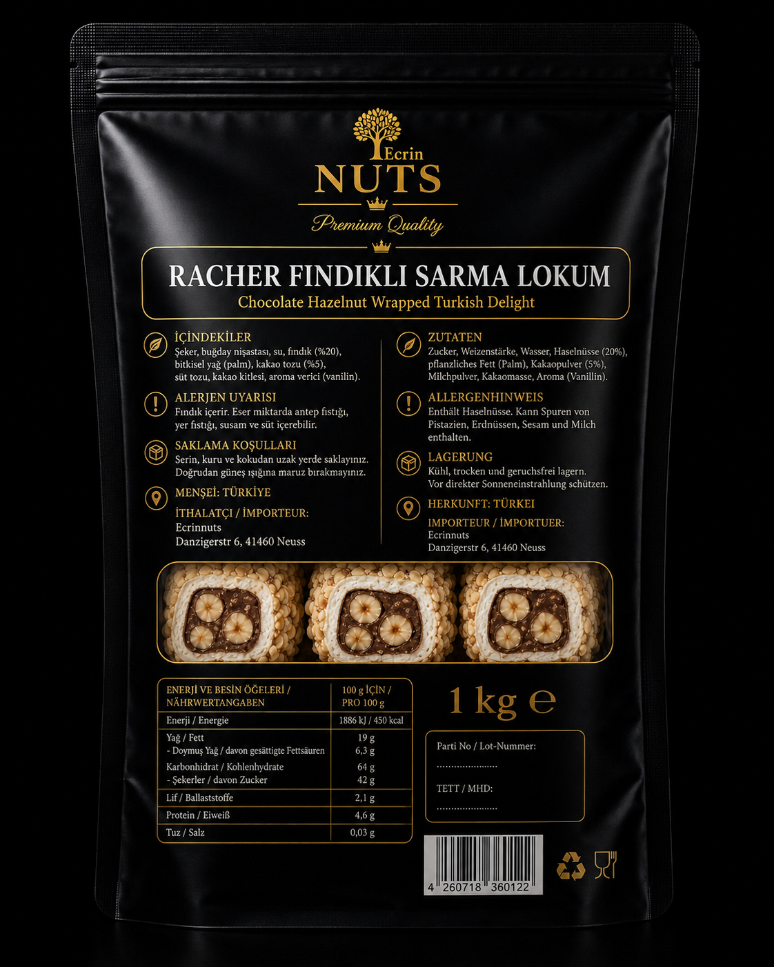 Racher Haselnuss Rollen Lokum 500 g