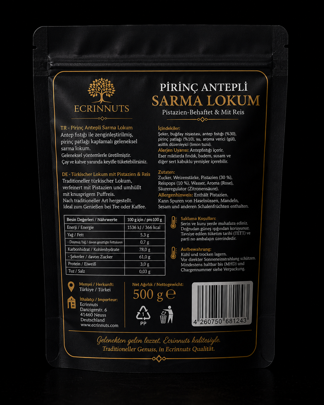 Puffreis Pistazien Rollen Lokum 500 g